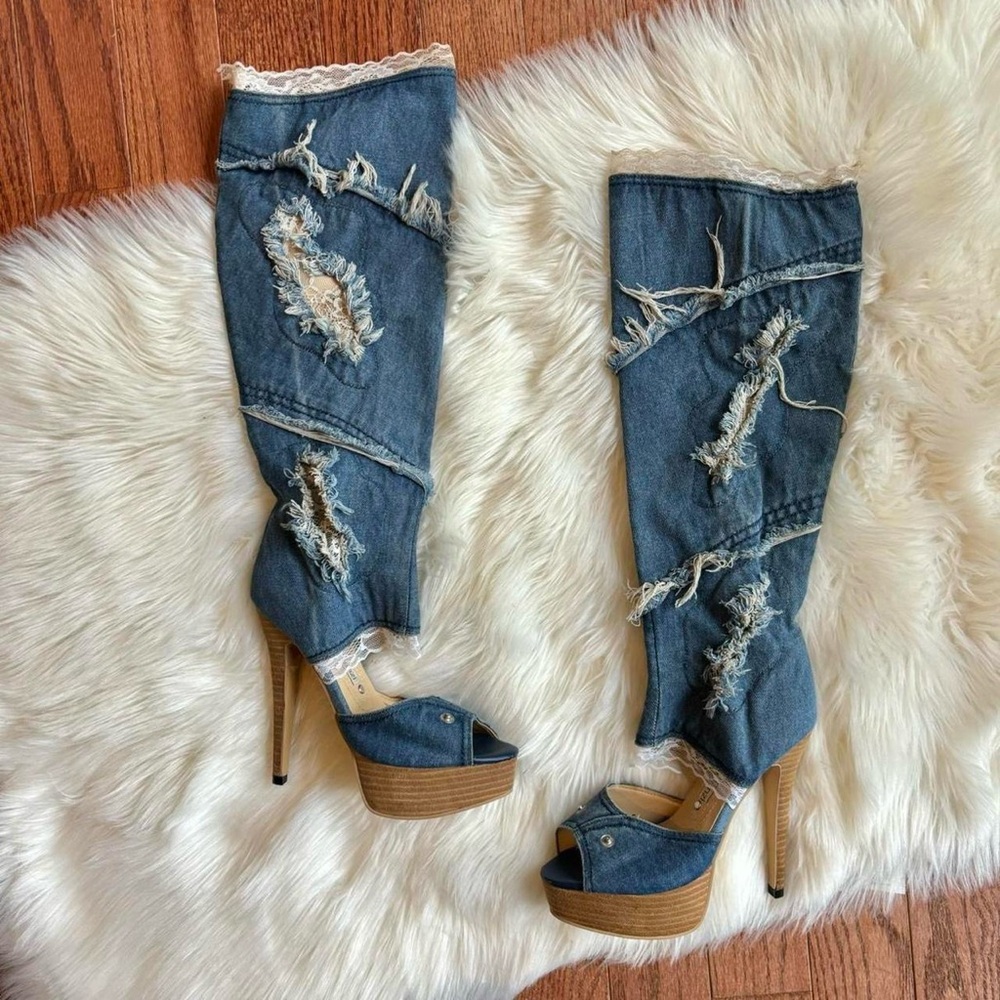 Gianmarco Lorenzi Denim and Lace Knee High Boots